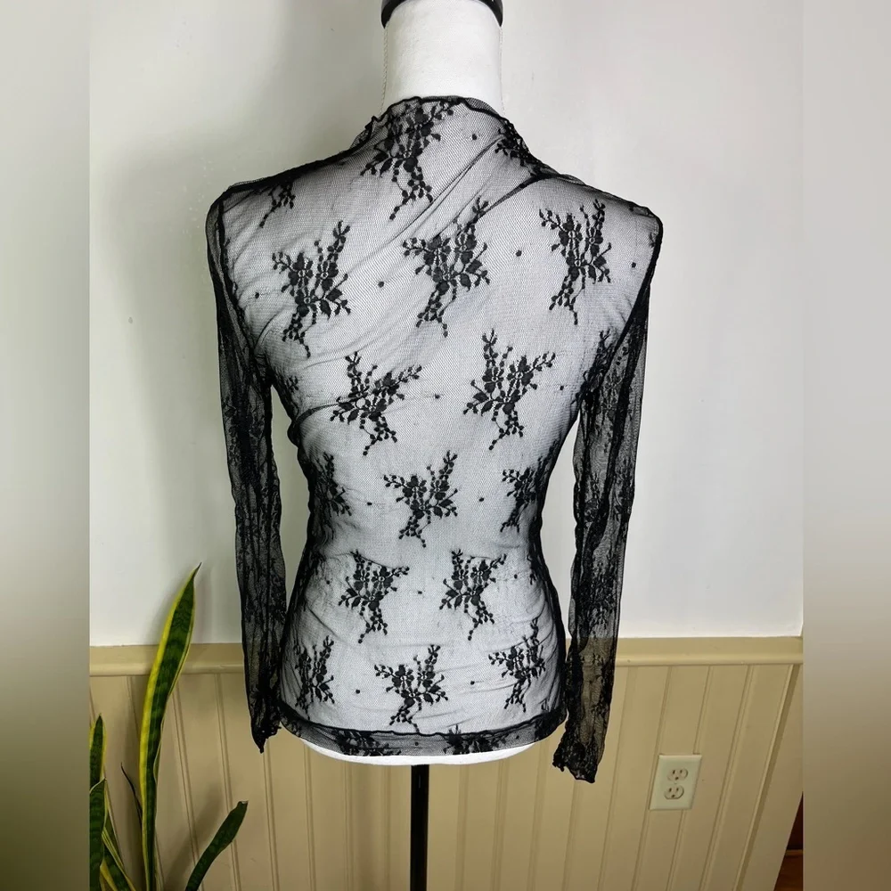 Sheer Mesh Floral Top Forest Fairy M Black Whimsigoth Lace Y2K Grunge Club Layer - Picture 7 of 9